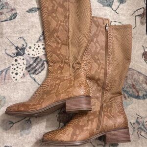 Brown Snake Print Knee-High Boots